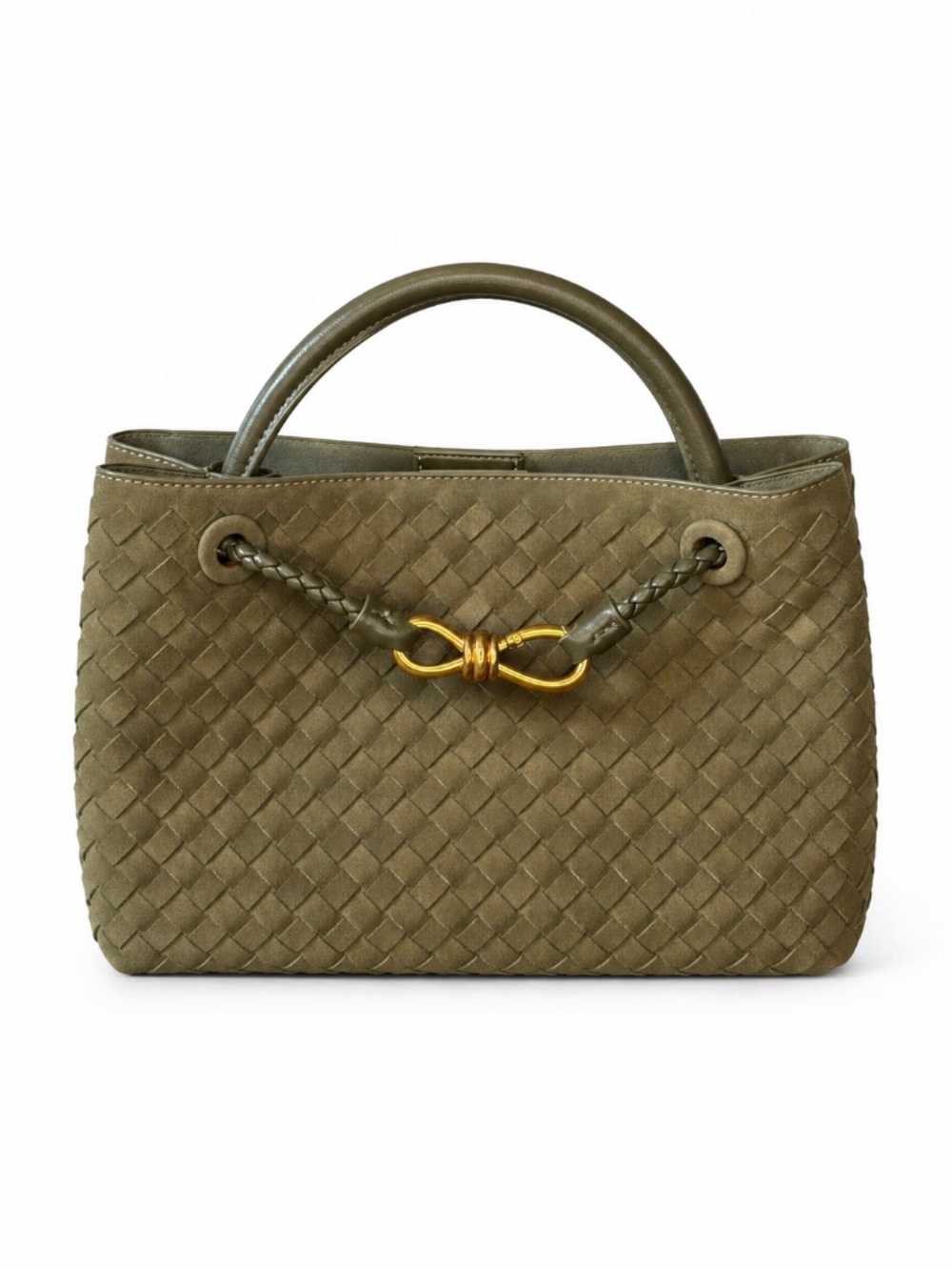 Olive Green Woven Vegan Suede Top Handle Crossbody Satchel Bag Gold Knot Accent